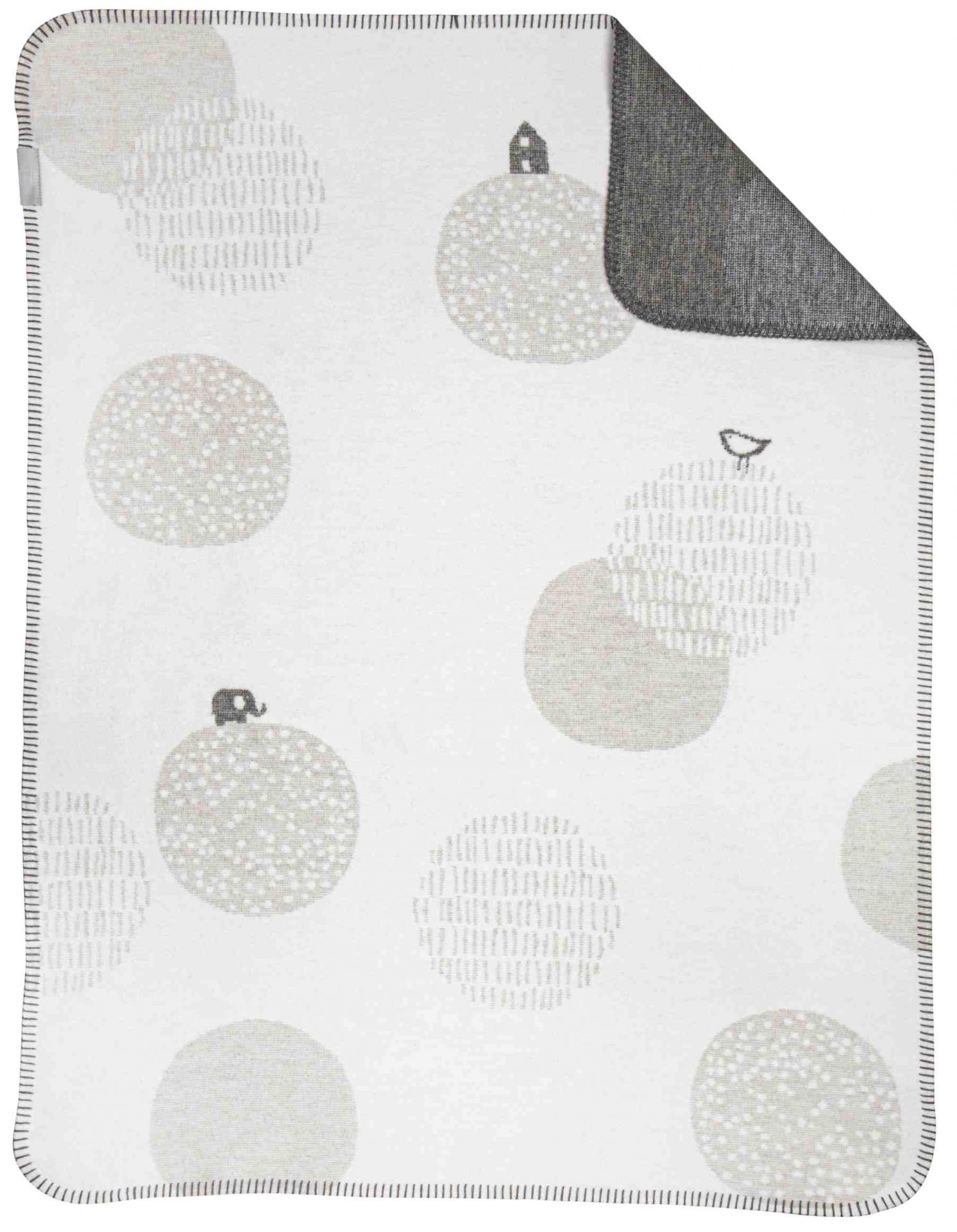 Kreise Kids Decke mit Räder-Motiv: Weiche Babydecke mit grauen Kreisen, Elefant, Haus und Vogel.